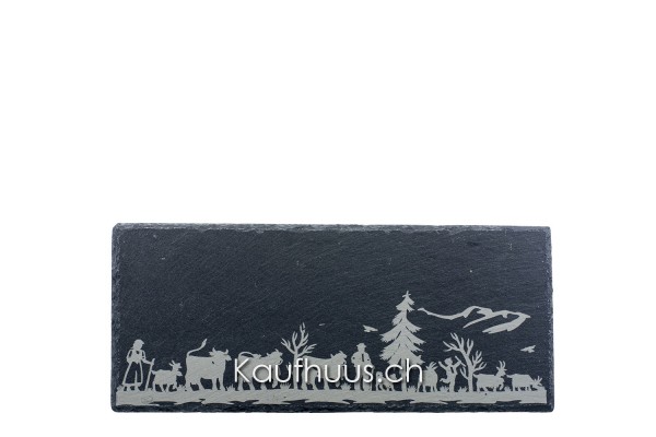 Schieferplatte “Alpaufzug Familie”, 33 x 14 cm