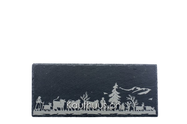 Schieferplatte “Alpaufzug Familie”, 33 x 14 cm